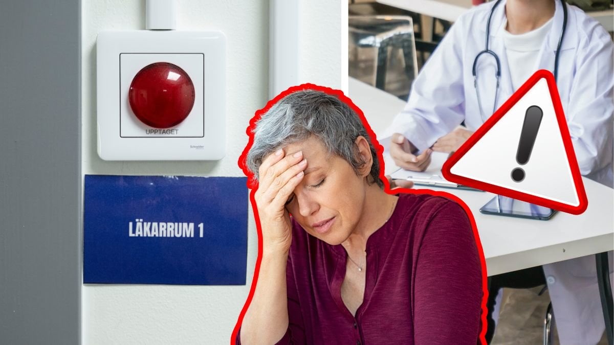 Läkarmottagning till vänster. Oroande kvinna i mitten. Varningskylt över henne. Närbild läkares rock till höger. 