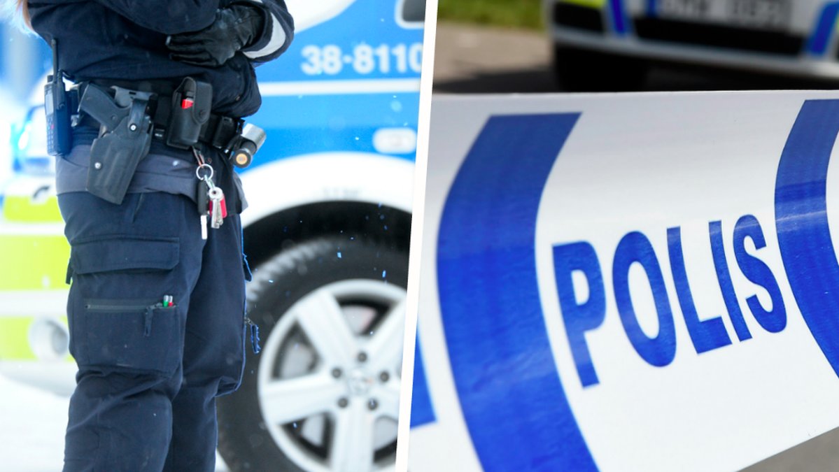 En polis och en polisbil. Kollage. 