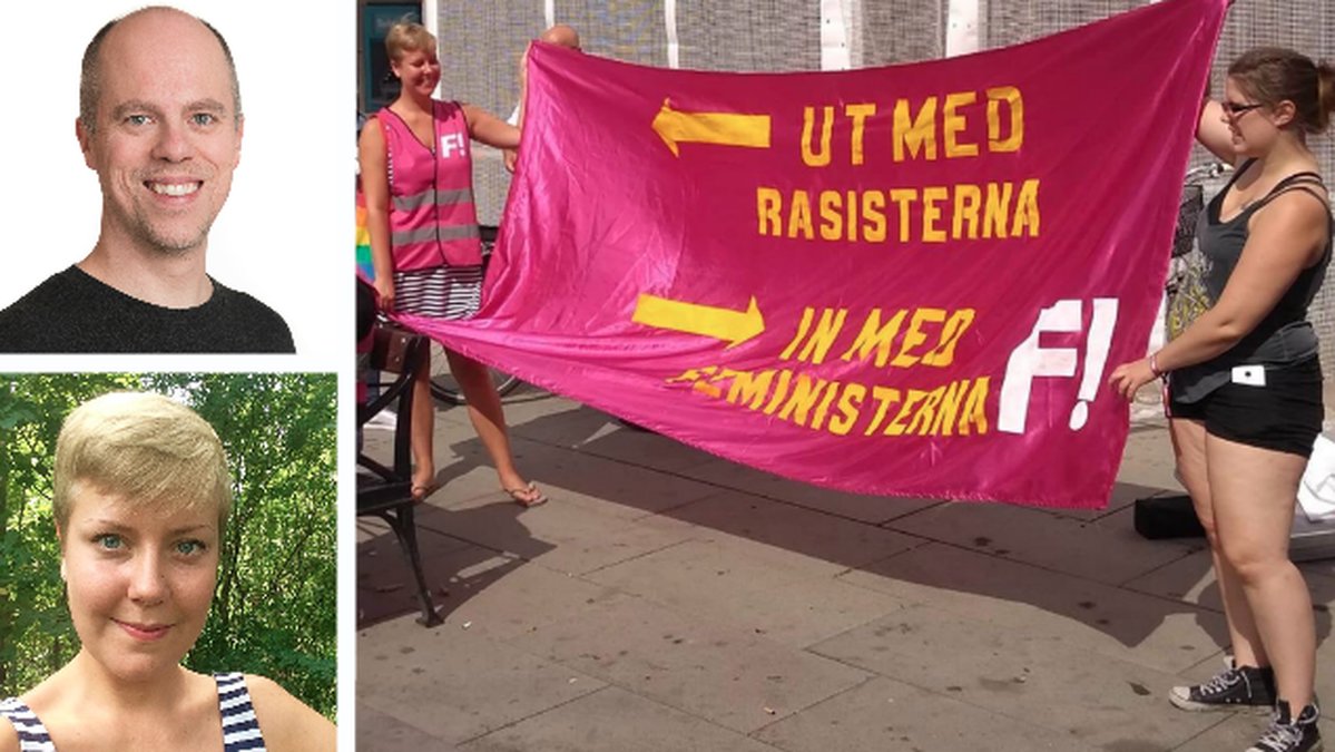 Stina Jansson, Per Hård Af Segerstad. Feministiskt Initiativ banderoll.