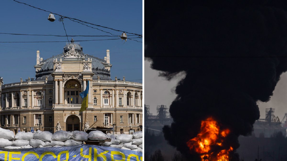 Sandsäckar blockerar en gata framför opera- och teaterhuset i Odessa. Under söndagen kom rapporter om explosioner i hamnstaden. 