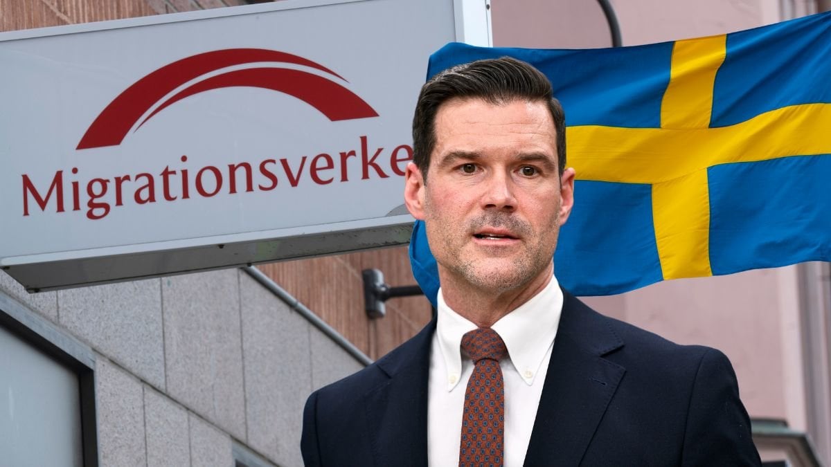 Migrationsverket, Johan Forssell och en svensk flagga.