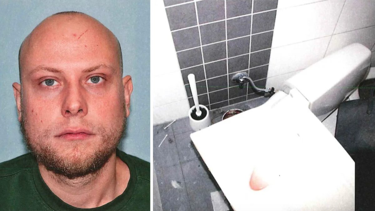 Bild på Simon Svensson som mördat sin flickvän samt brottsplatsfoto på en toalettstol