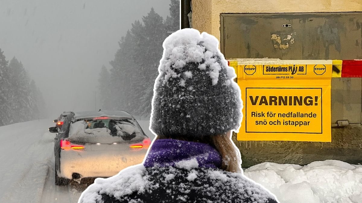 Bilkö i snöstorm, varningsskylt för fallande istappar och en person med snö på mössan.