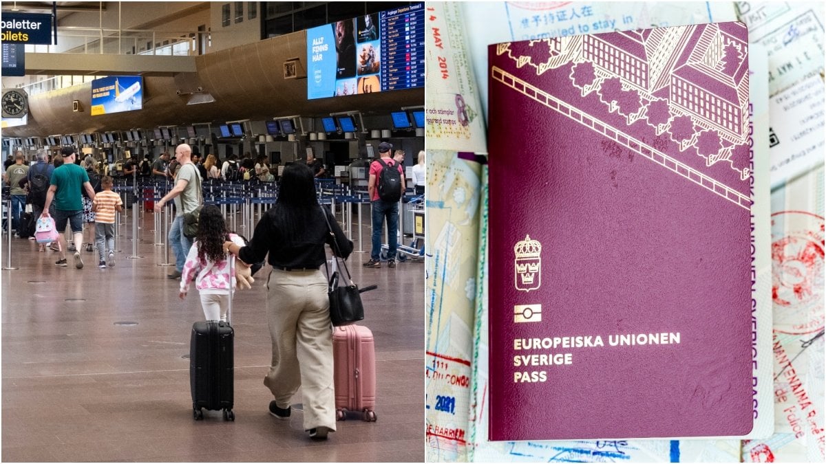 Kvinna och barn med resväskor på flygplats och svenskt pass.