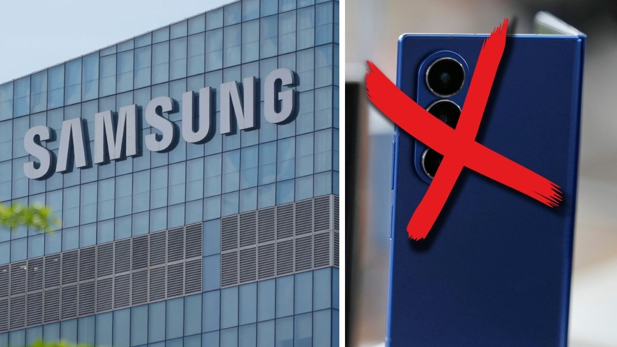 En byggnad med en Samsung-logga och en Samsung-mobil.