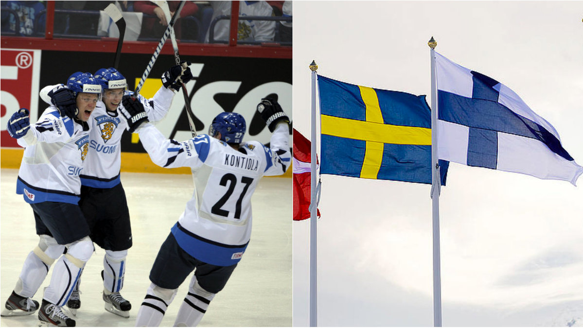 Delad bild. Till vänster firar finska hockeylandslaget efter ett mål. Till höger finska och svenska flaggan som vajar i vinden. 