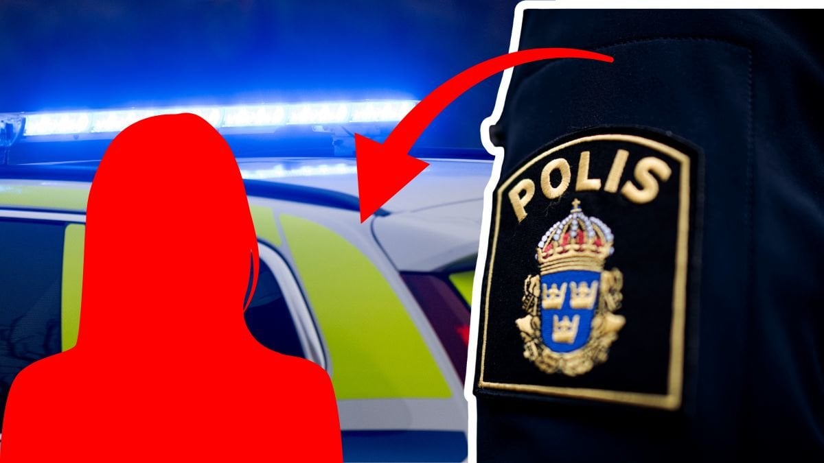Blåljus till vänster, röd kvinnlig siluett till vänster. Polismärke på arm, inzoomad till höger. 