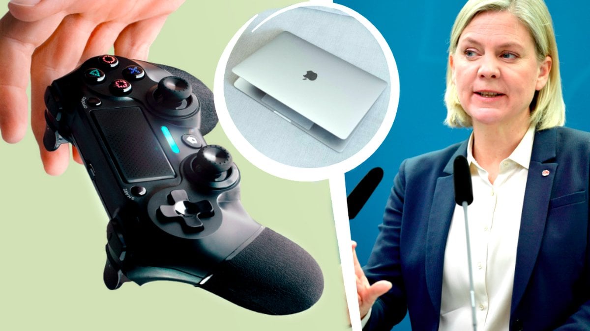 Playstation-kontroll och Magdalena Andersson. Kollage.