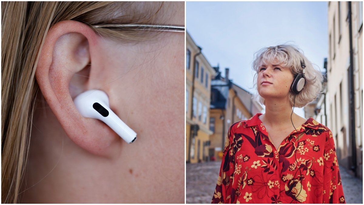 Airpods i ett öra och tjej som lyssnar på något i hörlurar.
