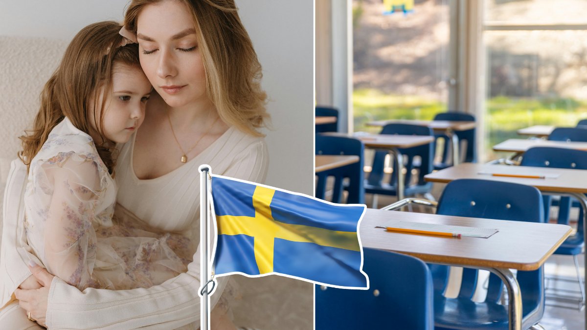 Mamma, barn, flaga, skola