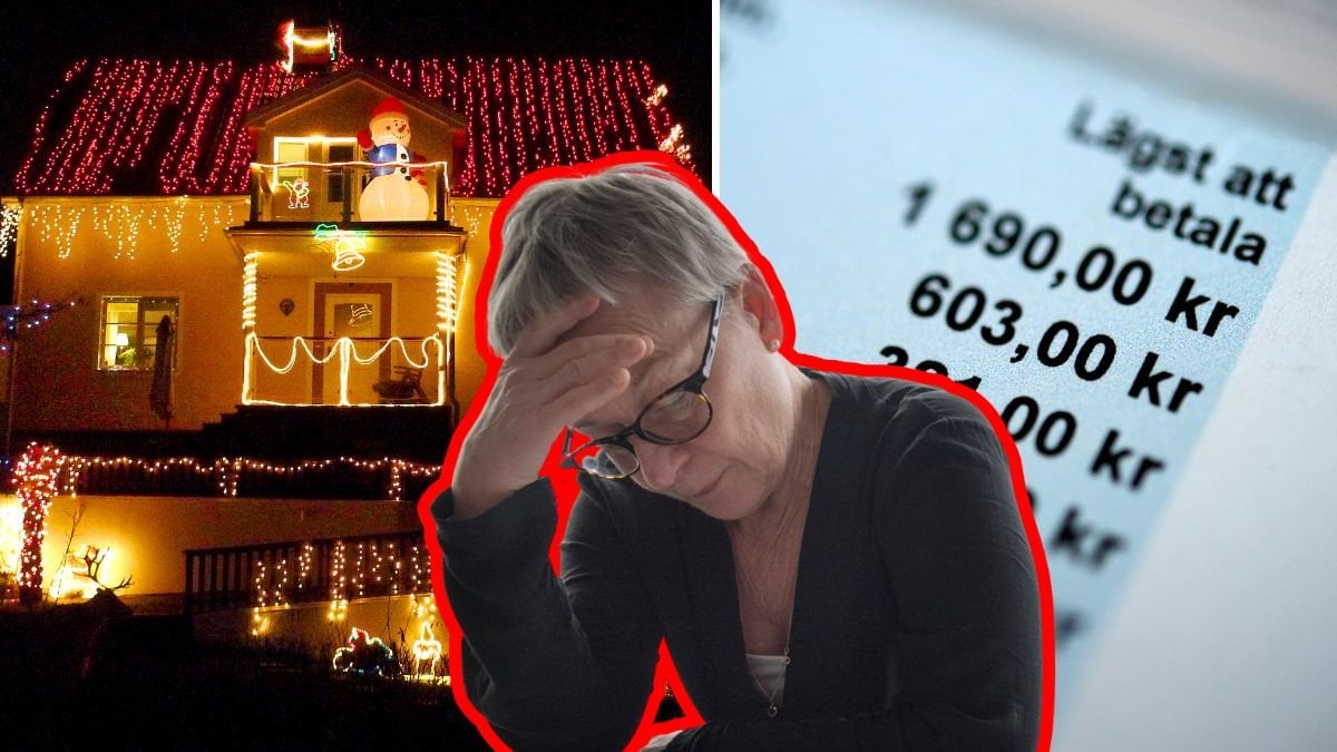 Villa med julbelysning, faktura med avbetalningsplan och kvinna som har handen på pannan.