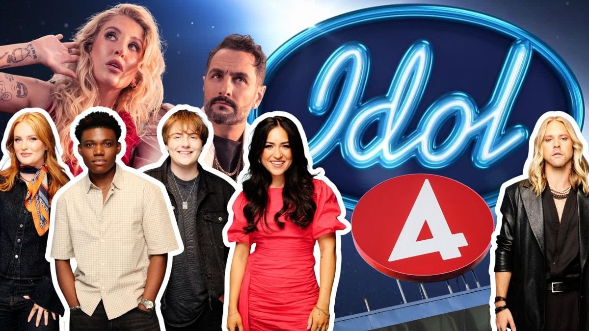 Peg Parnevik och Ash Pournouri, fem Idol-deltagare, TV4:s logga och Idol-loggan