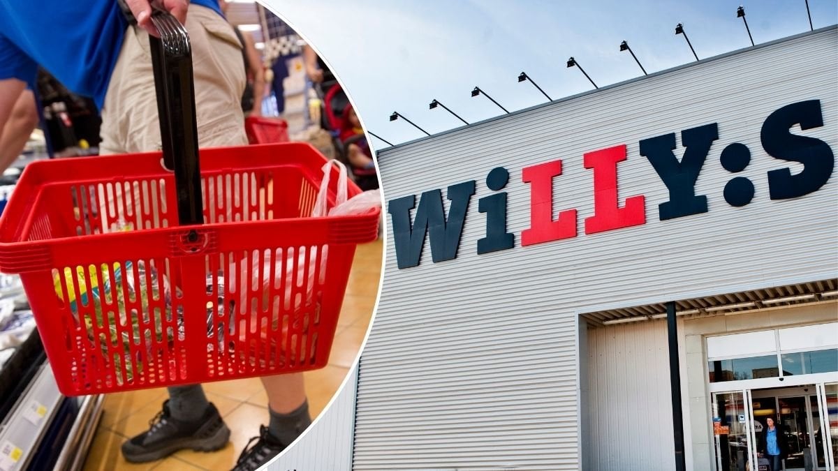 Bilder på Willys entré och en kundkorg med mat.