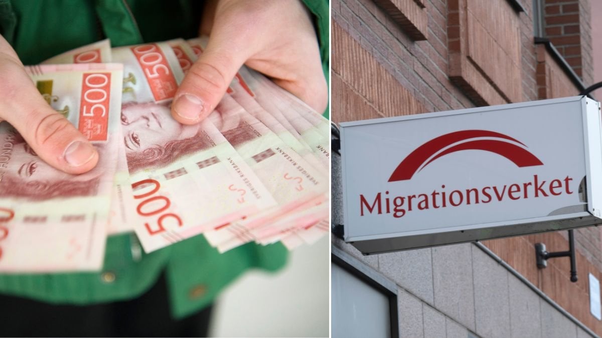 Pengar i handen och Migrationsverket.