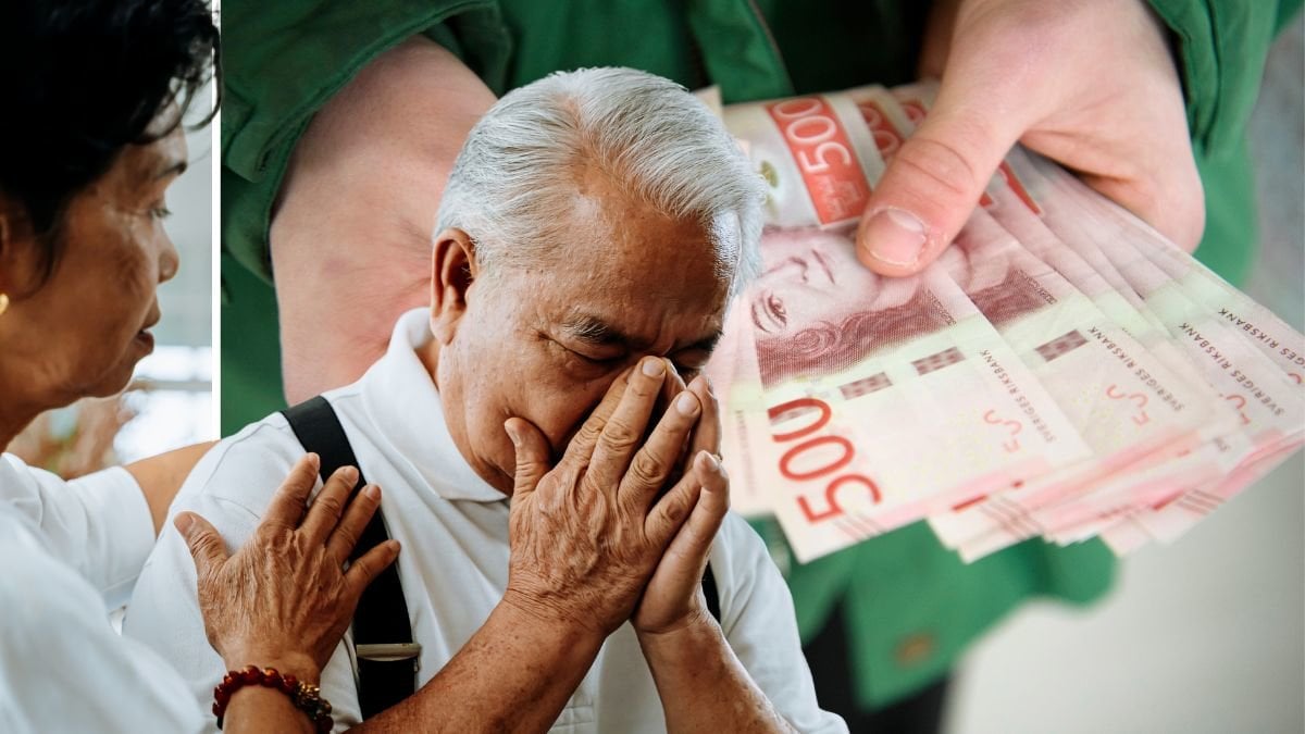 Upprörd man och pengar i handen.