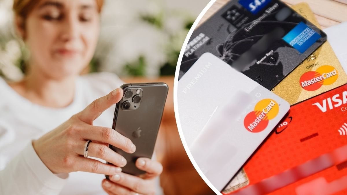 Kvinna med mobiltelefon och bankkort