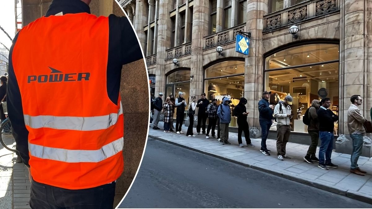 Bilder på kön till power och en man i power-väst.