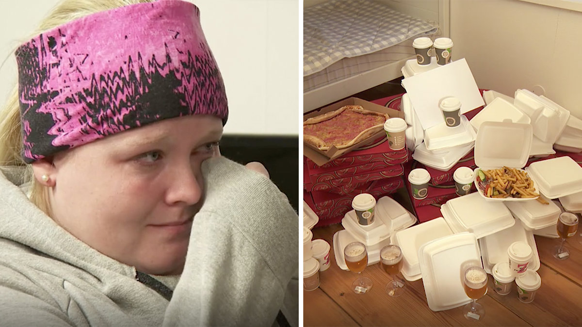 en blond kvinna i rosa mössa, snabbmat