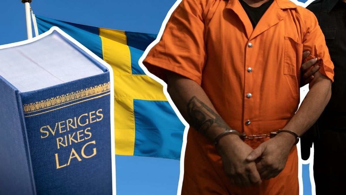 Svensk flagga, lagbok och en brottsling i handbojor.