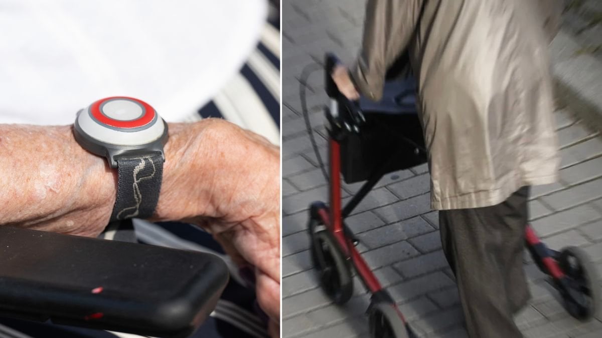 Äldre person med larm och rollator.