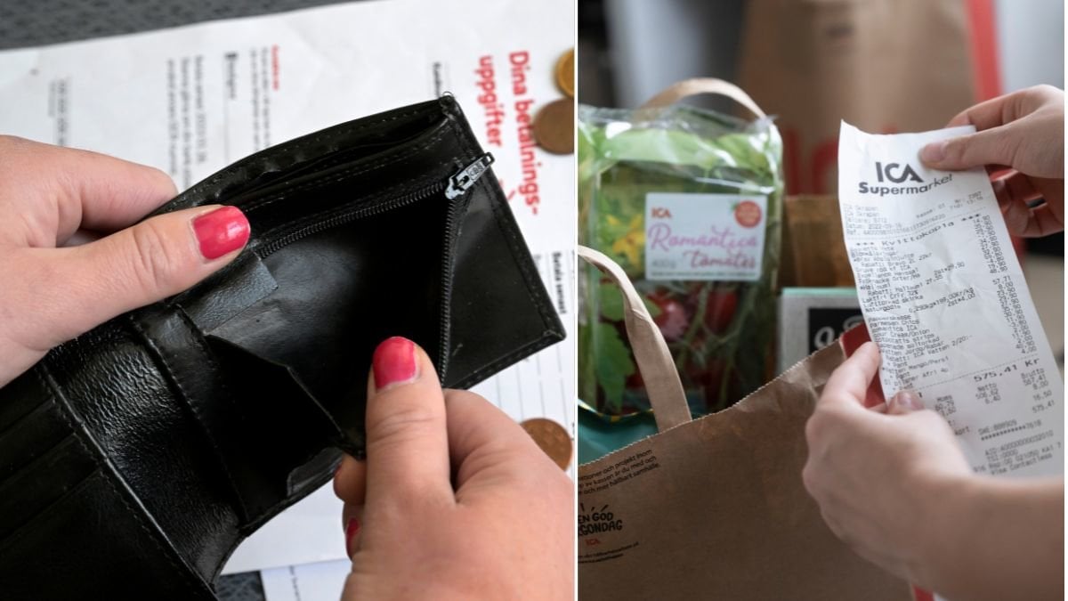 Tom plånbok och kvitto efter matköp.