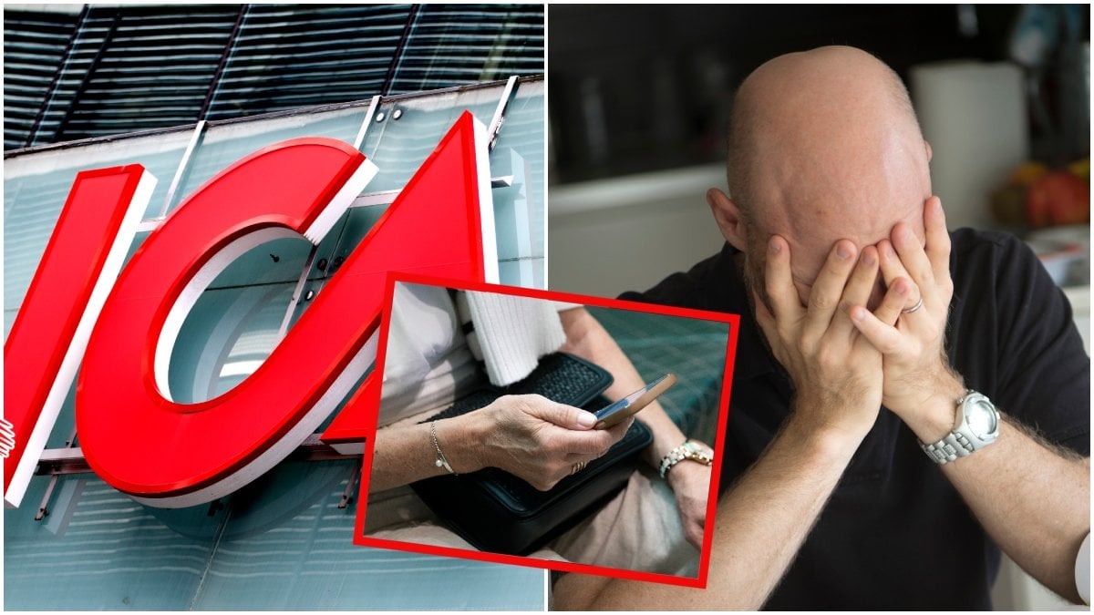 Ica-skylt, en kvinna som sms:ar och en olycklig man.
