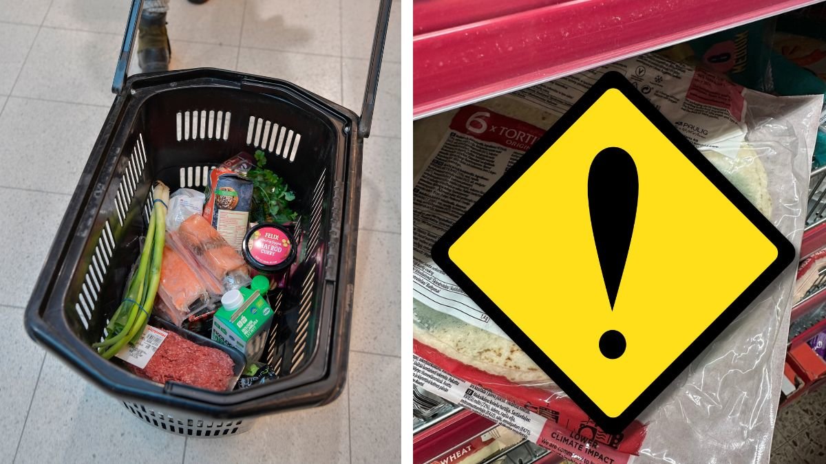 Handla i matbutik och en hylla med varor.