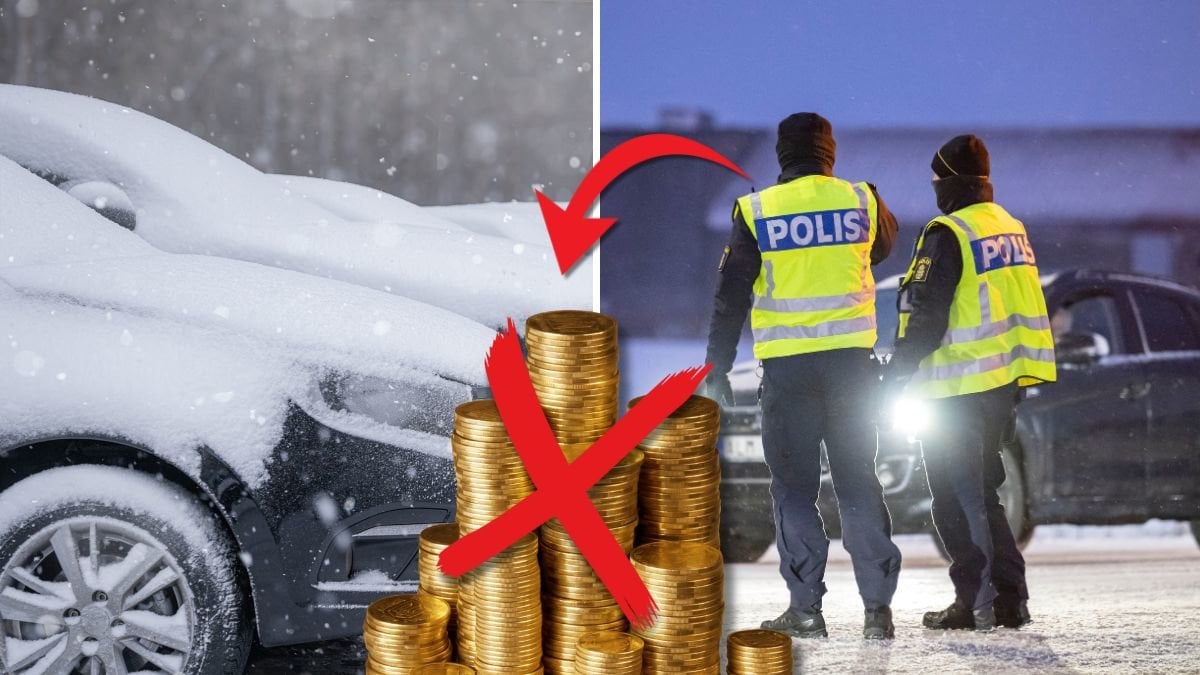 Bil med snö på och poliskontroll i vintervädret.