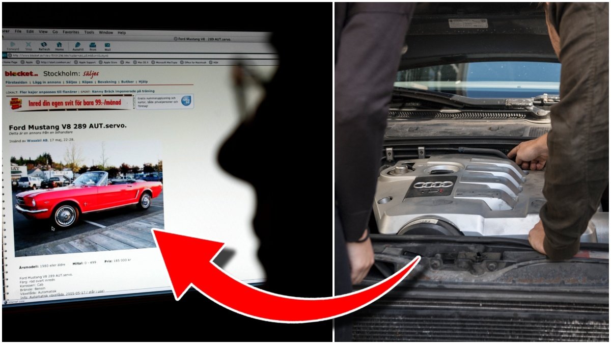Man köper bil begagnad på blocket och motorhuv.