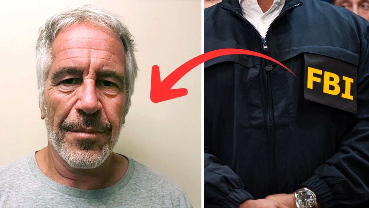 Jeffrey Epstein till vänster. Inzoomad bild på FBI jacka till höger.