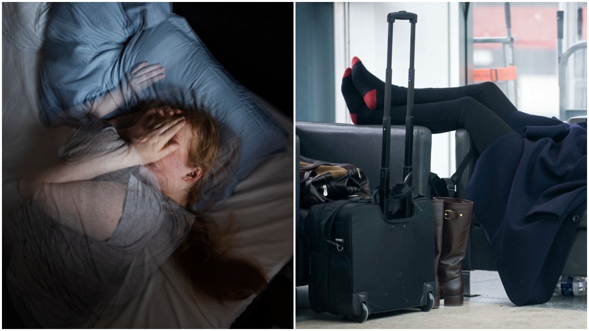 Sovande kvinna och sovande kvinna på flygplats