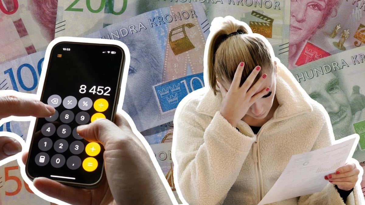 Pengar, kvinna med räkning och en miniräknare i mobilen.