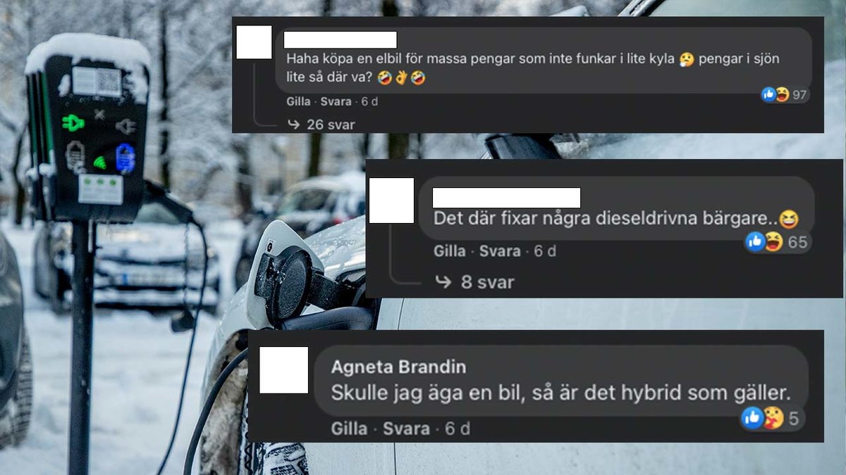 Bild på elbil och screenprint från kommentarer från inlägg av P4 Göteborg, Sveriges Radio