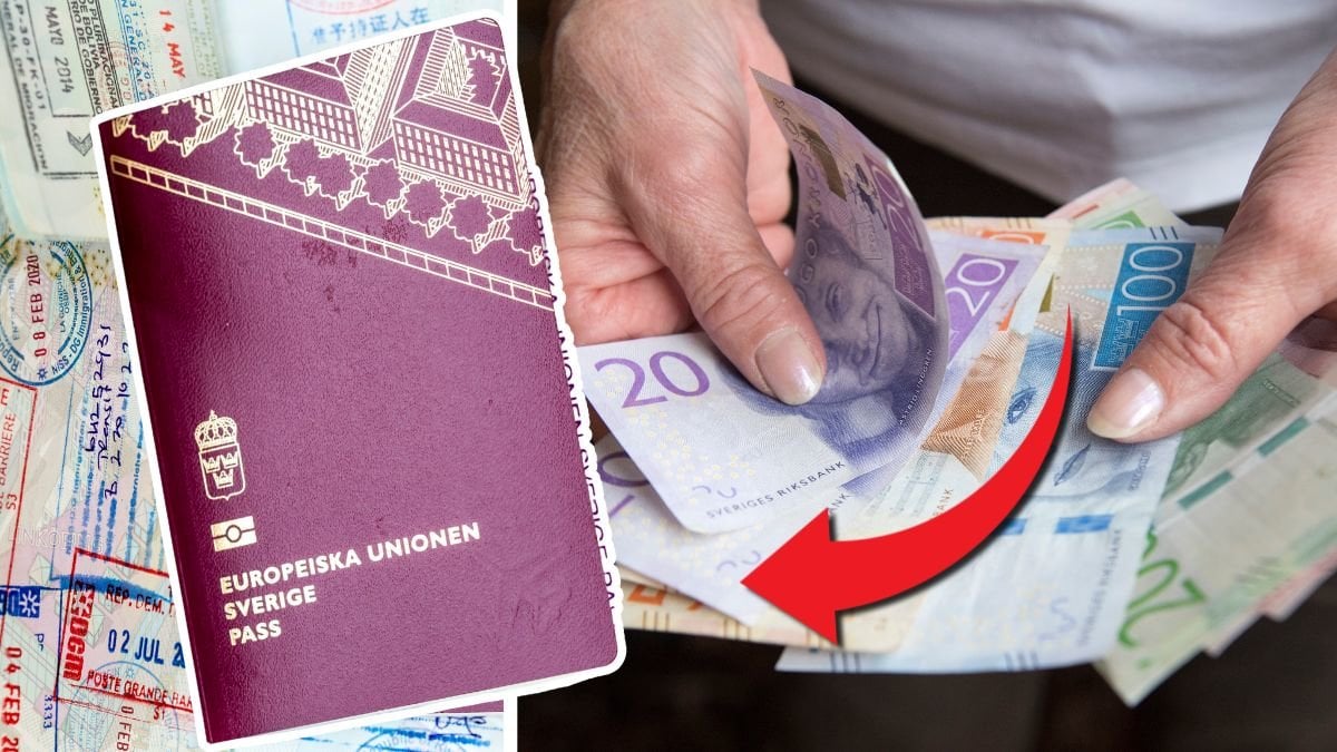 Åass till vänster. Hand håller kontanter till höger. Röd pil pekar från kontanterna till passet. 