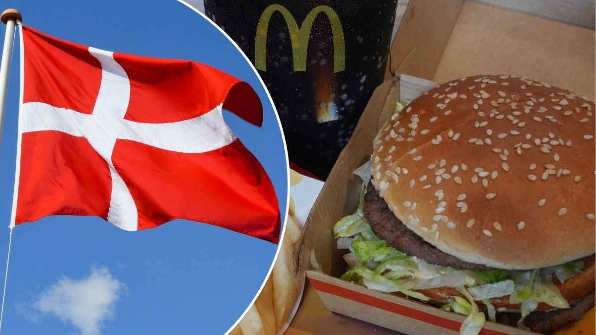 Bild på en av McDonalds hamburgare och en dansk flagga.