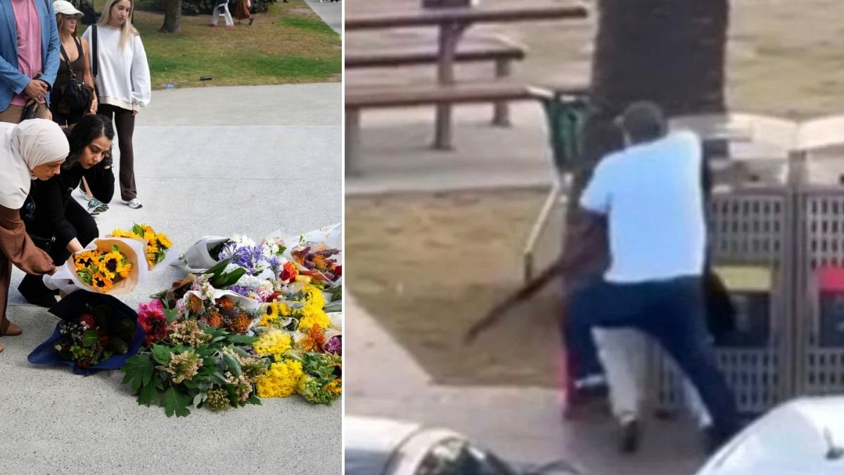 Minnesplats efter dådet vid Bondi Beach samt dem man som övermannade en av terroristerna.
