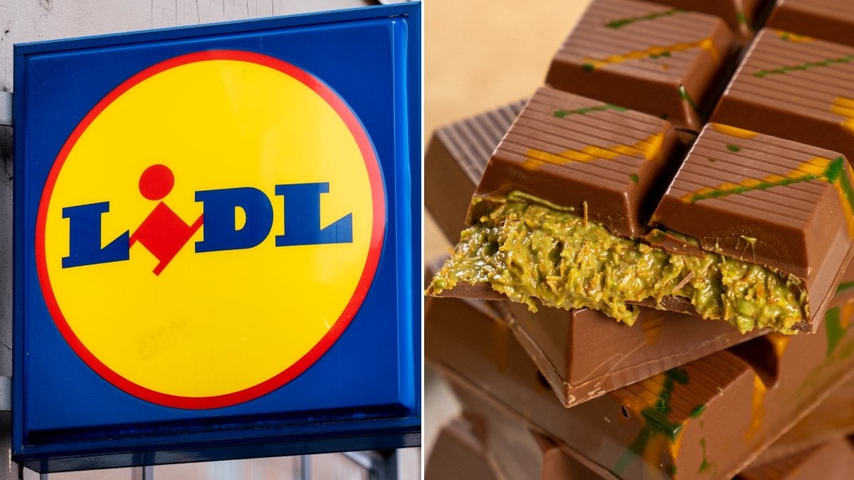En bild på en Lidl-skylt och en genrebild på en Dubai-choklad.