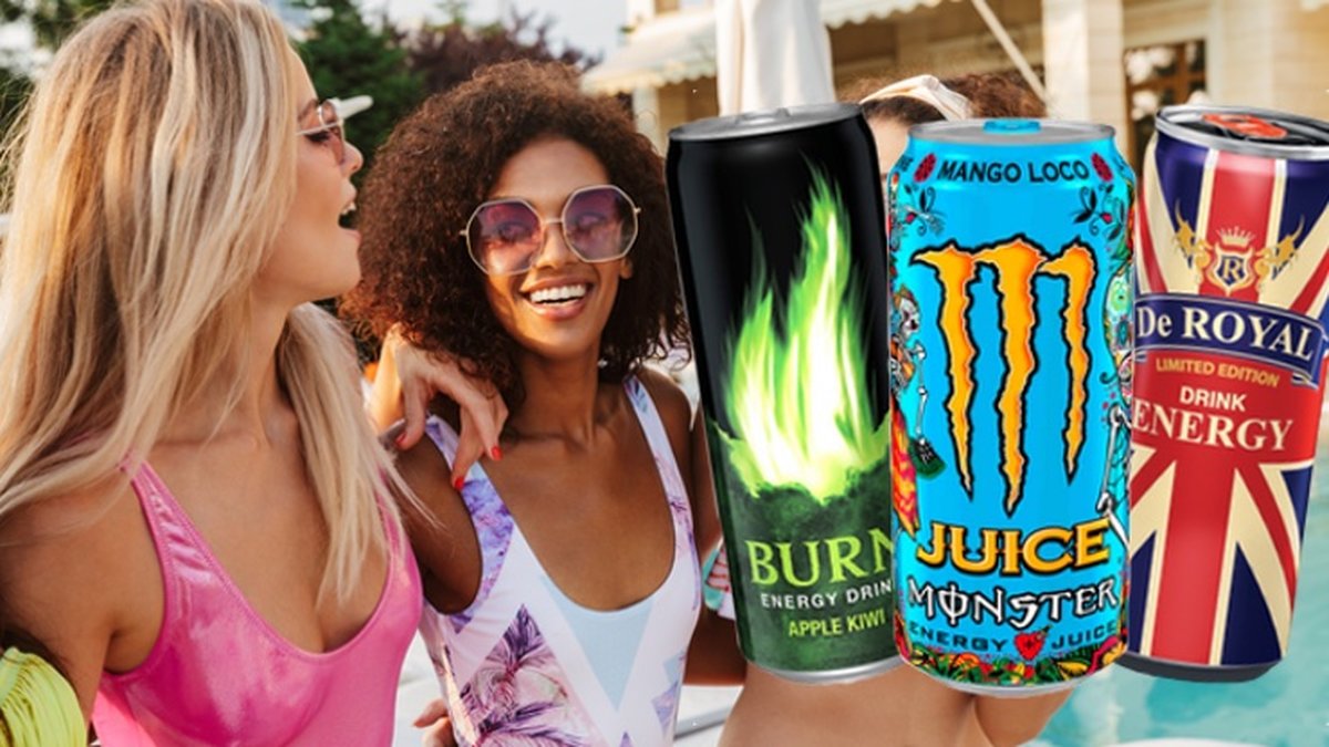 Tjejer som är glada, tre olika energidrycker