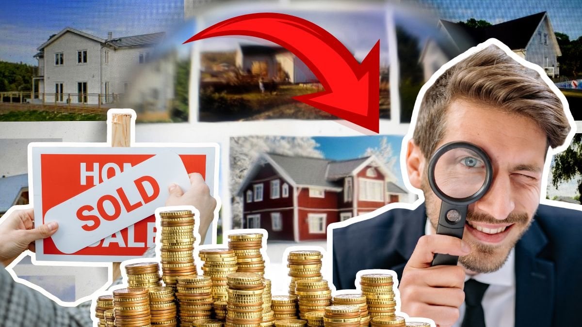 Bostader med ett förstoringsglas framför i bakgrunden. En Sold-skylt vänster. En mynthög i mitten. en man som håller ett förstoringsglas till höger.
