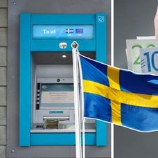 Bankomat, svensk flagga och plånbok med sedlar. 