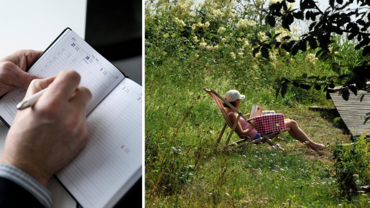 Man med almanacka och människa i solstol.