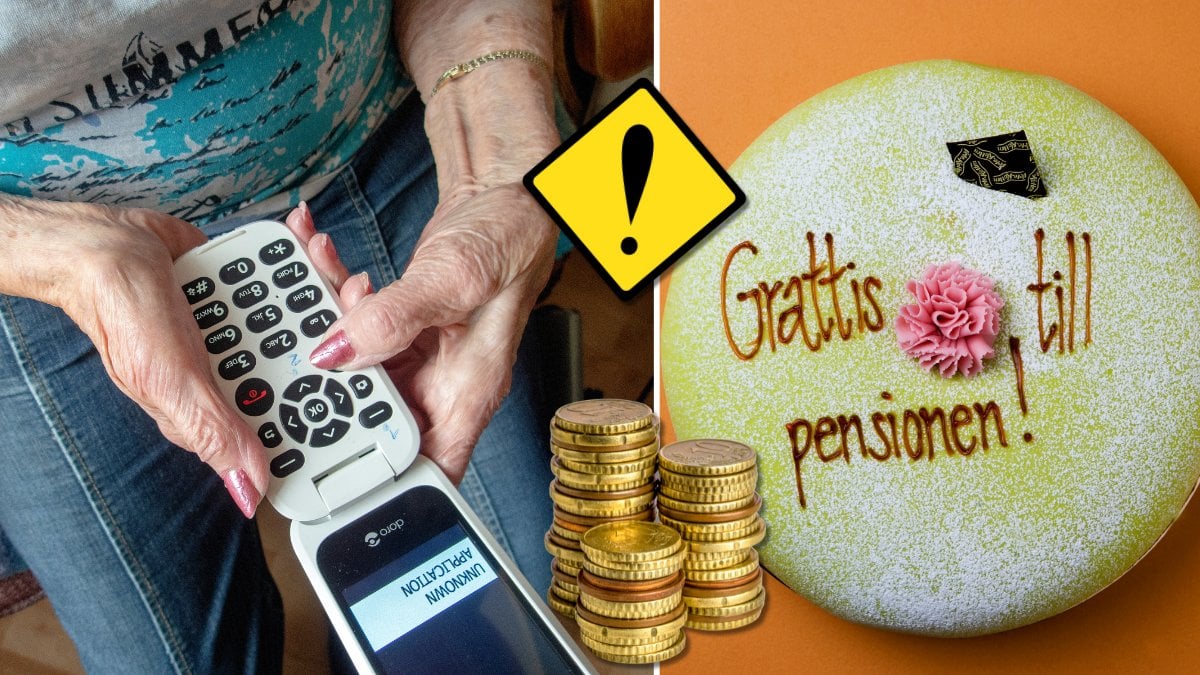 Pensionär med telefon och tårta.