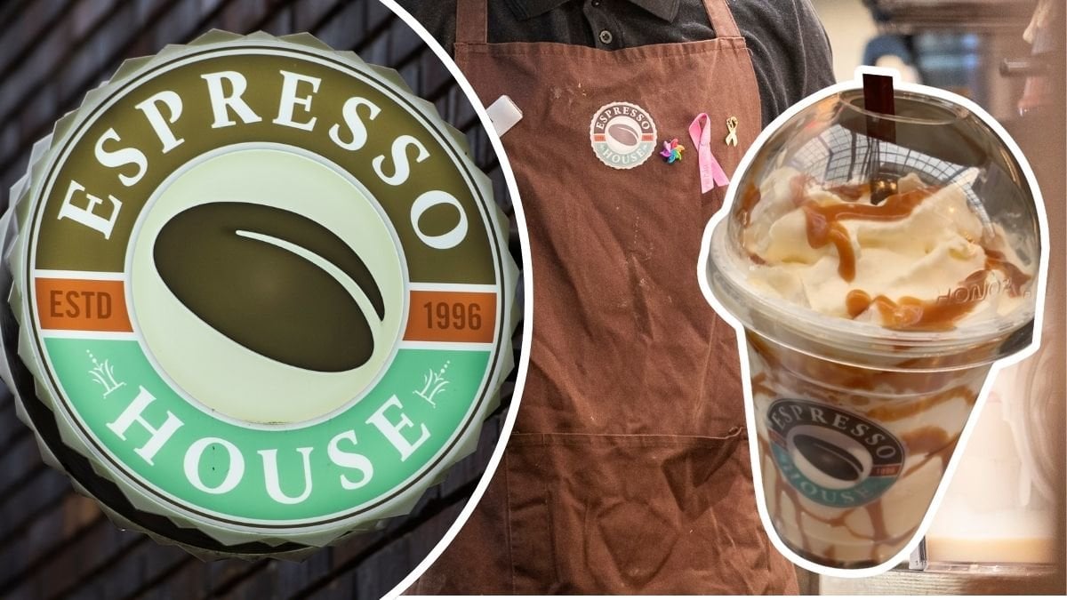 Bilder på en Espresso House-skylt och en Frapino.