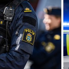 Polisarm vänster. Polisbil med blåljus höger.