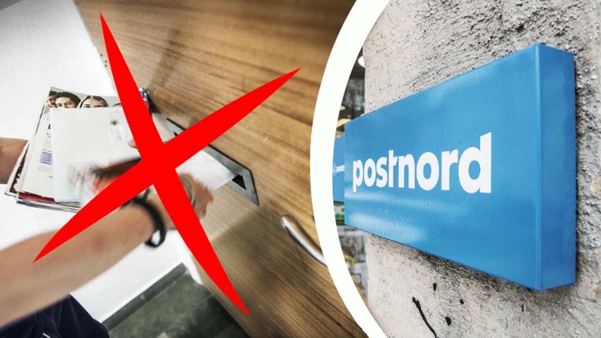 Brevbärare delar ut post med ett rött kryss över. Postnord logotyp
