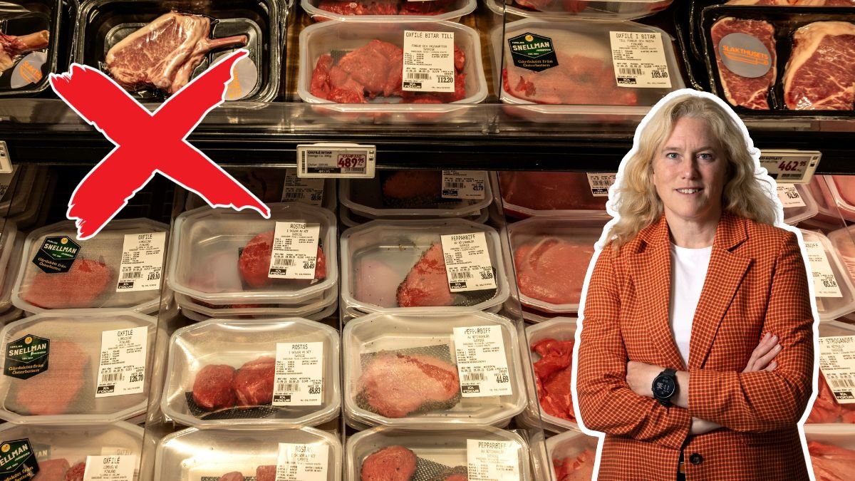 I bakgunden syns flertalet köttförpackningar. Till höger syns forskaren Line Gordon i rutig kavaj.