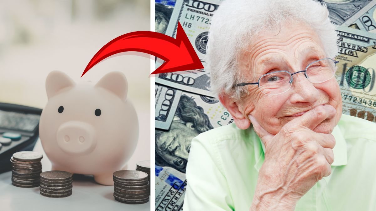 Spargris vänster, kontanter höger. Utlippt bild på nöjd äldre dam till höger. 