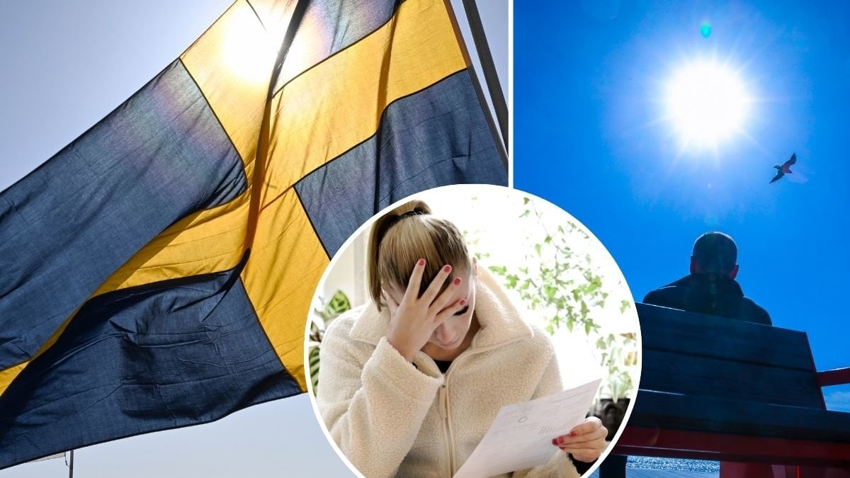 Svenska flaggan och vårsol. I en cirkelram syns en kvinna med handen för pannan när hon läser sin elräkning.