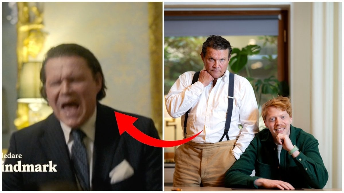 Till vänster syns en suddig bild på Per Morberg i kostym som gör en grimas. Till höger synd Per stå upp, finklädd jämte en sittandes Mauri Hermundsson. Bilden är ett montage.