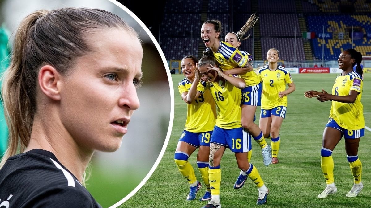 Jelena Cankovic och Sveriges landslag som firar efter segermålet mot Italien